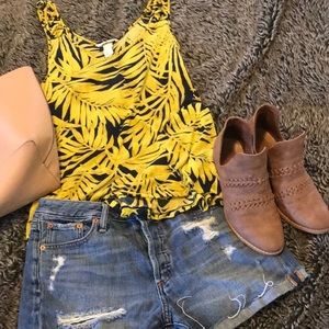 H&M yellow leaves graphic tank criss cross straps